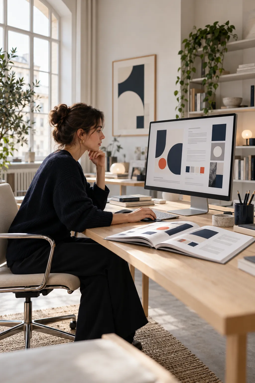 Designer developing a brand identity system across a monitor and printed guidelines