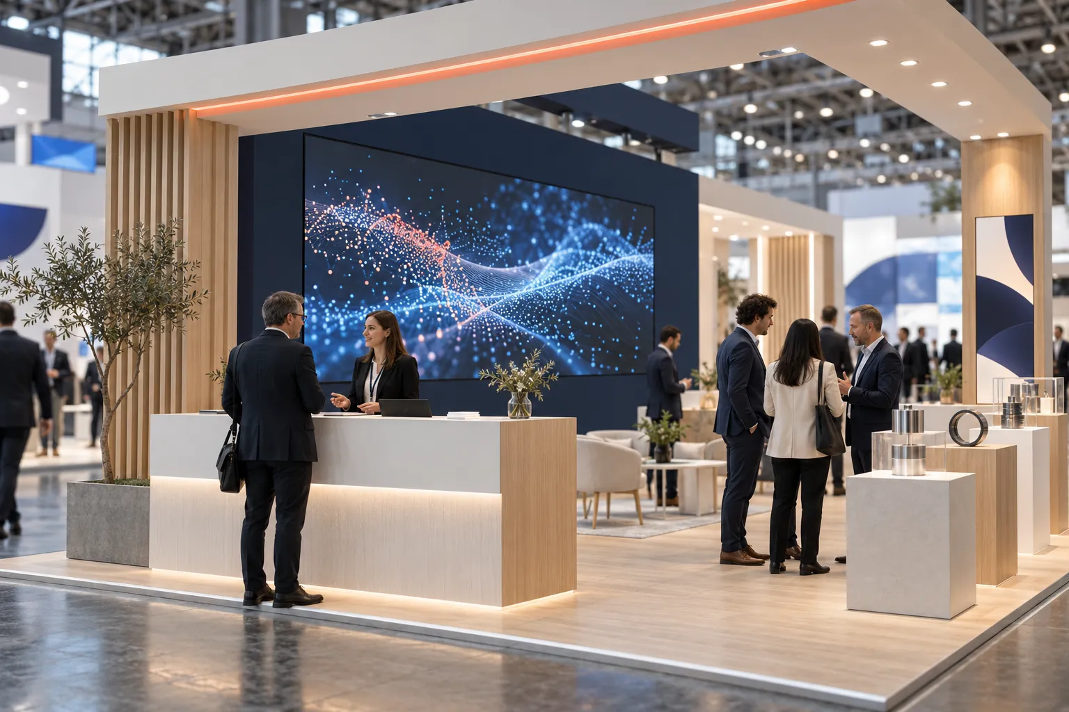 Modern exhibition stand with a large LED wall at an international industry trade fair
