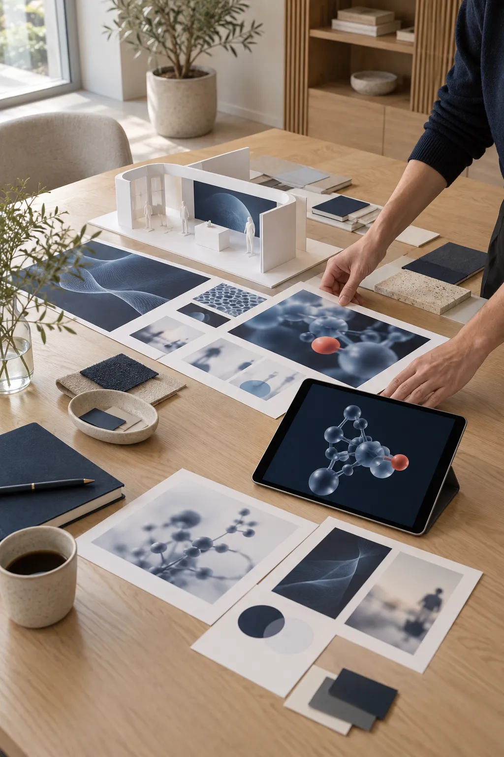 Creative workspace with printed campaign layouts, colour swatches and an exhibition stand model