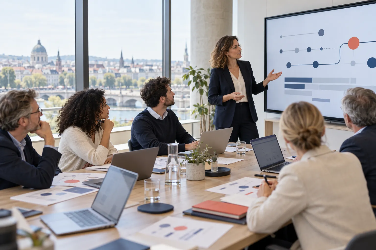 International project team meeting in a bright conference room