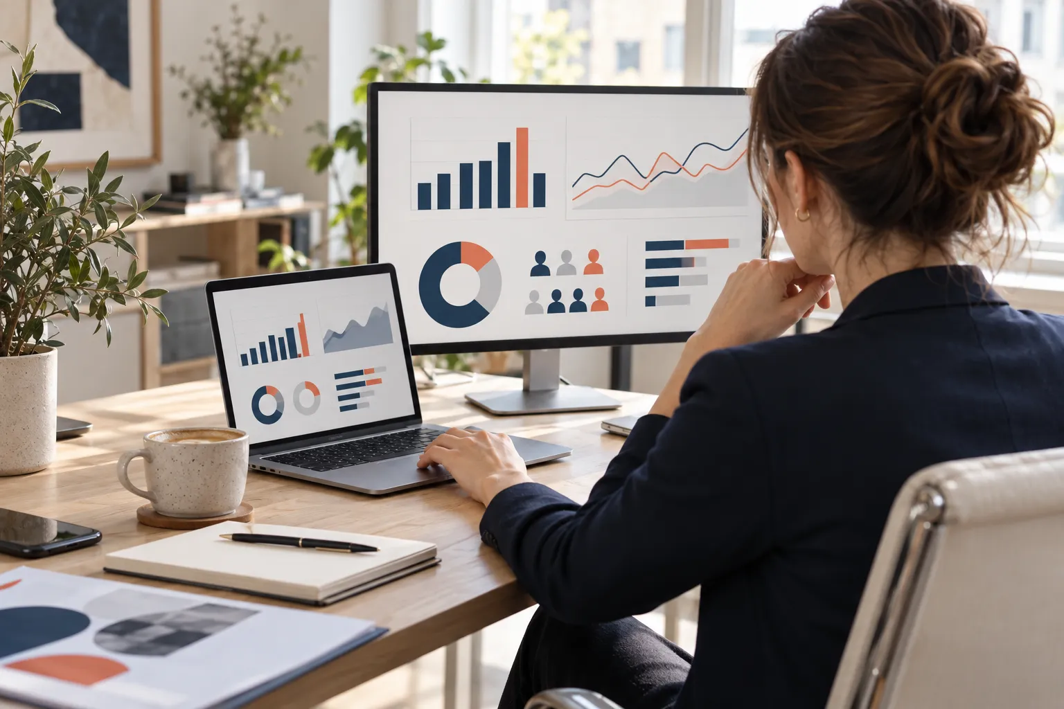 Reviewing digital campaign performance on a laptop and monitor